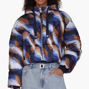 Avec Les Filles Cropped Hooded Puffer Coat Blue Oil Stick
